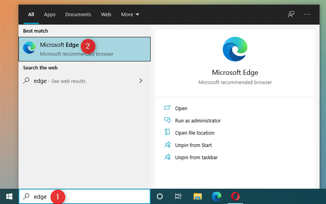 Opening Microsoft Edge using search